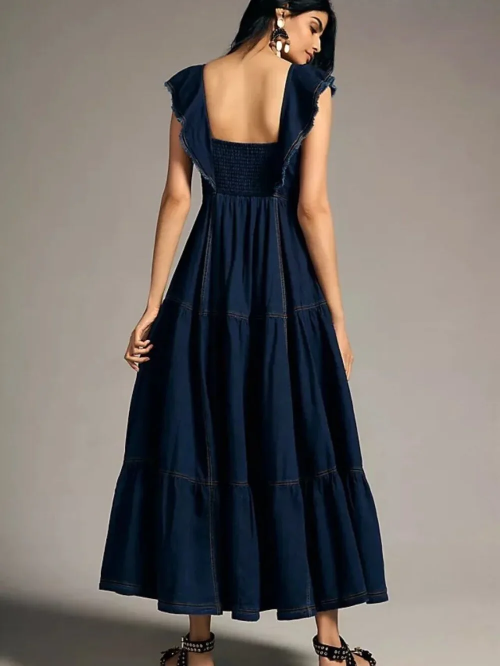 Anthropologie Pilcro Navy Denim Button-Front Ruffle Maxi Dress - Picture 2 of 8